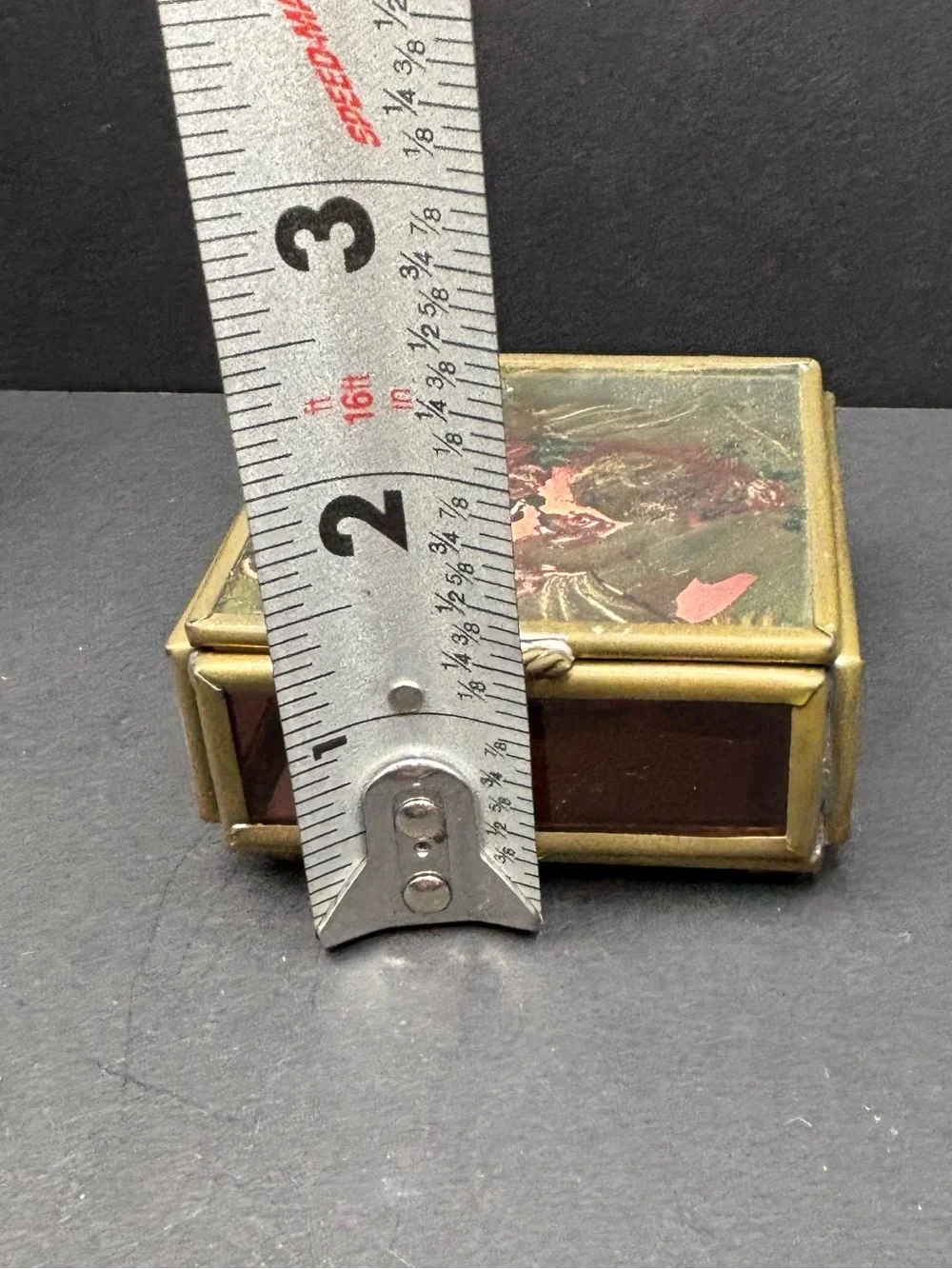 Vintage Via Vermont Cherub Brass Stained Art Glass Trinket Box Holographic